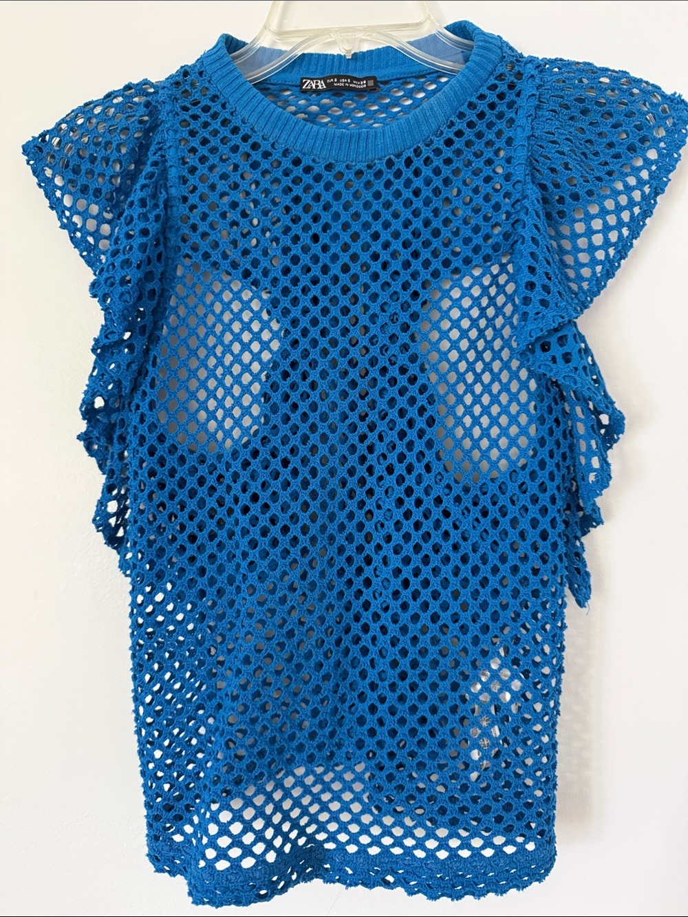 Zara Bright Blue Crochet Mesh Tank Top Coverup Sz S